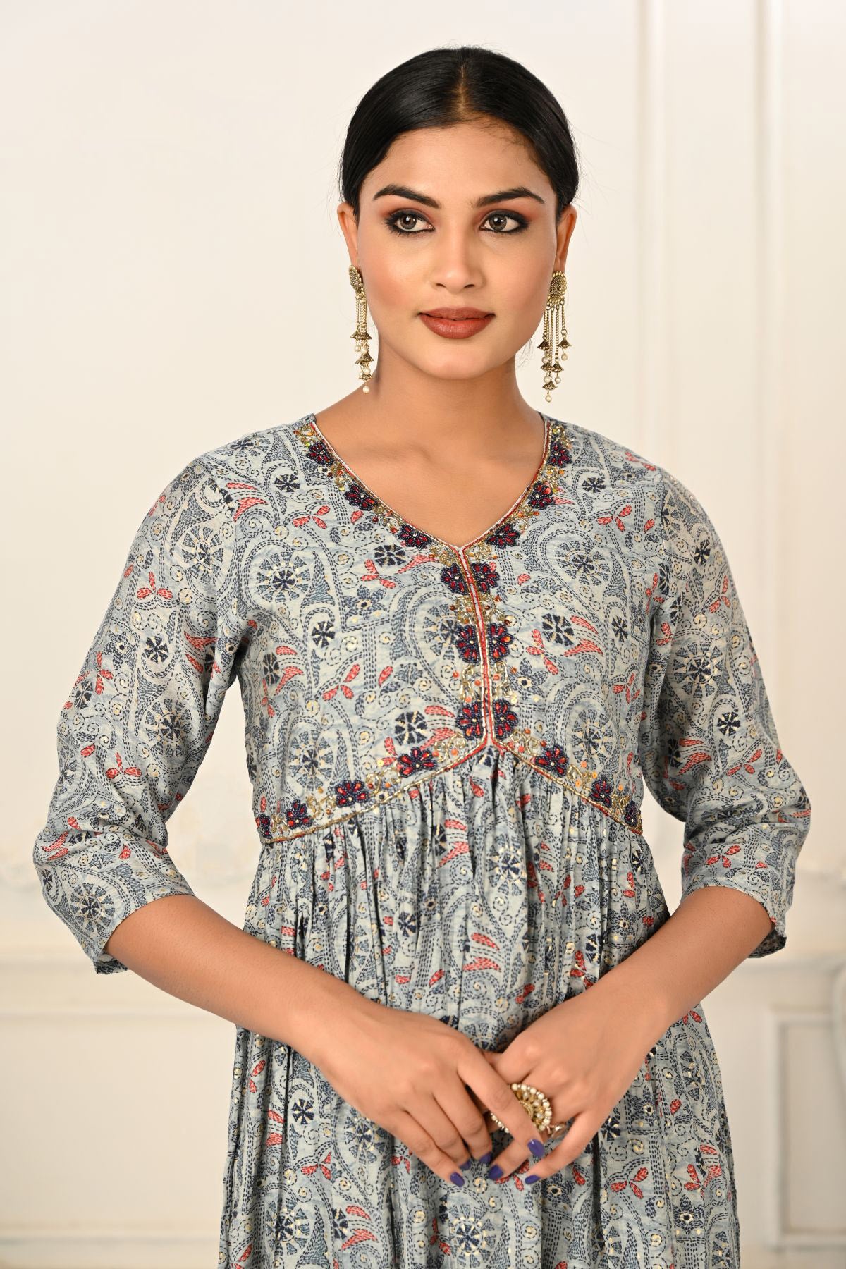 Grey Cotton with Handprint Light Embroidered Kurtis - jivora