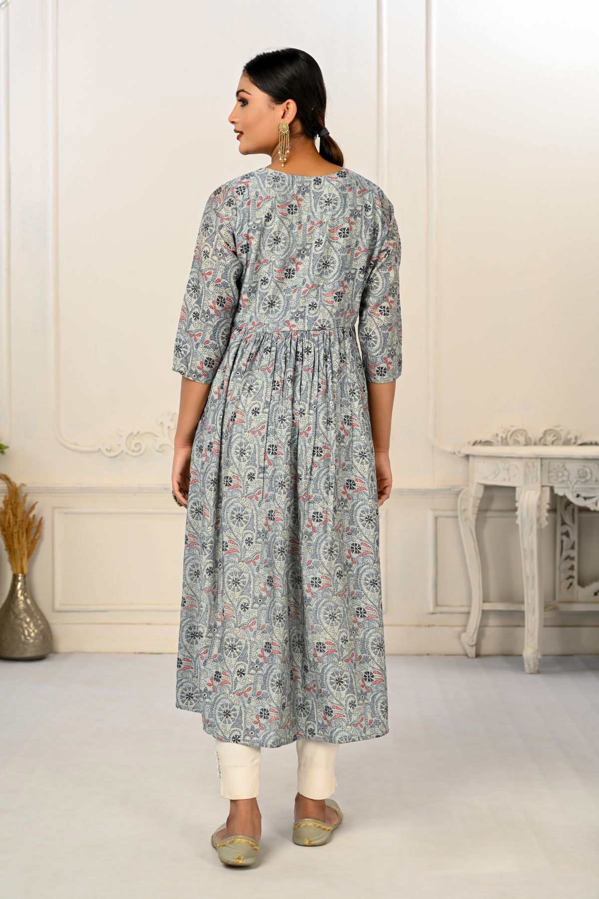 Grey Cotton with Handprint Light Embroidered Kurtis - jivora