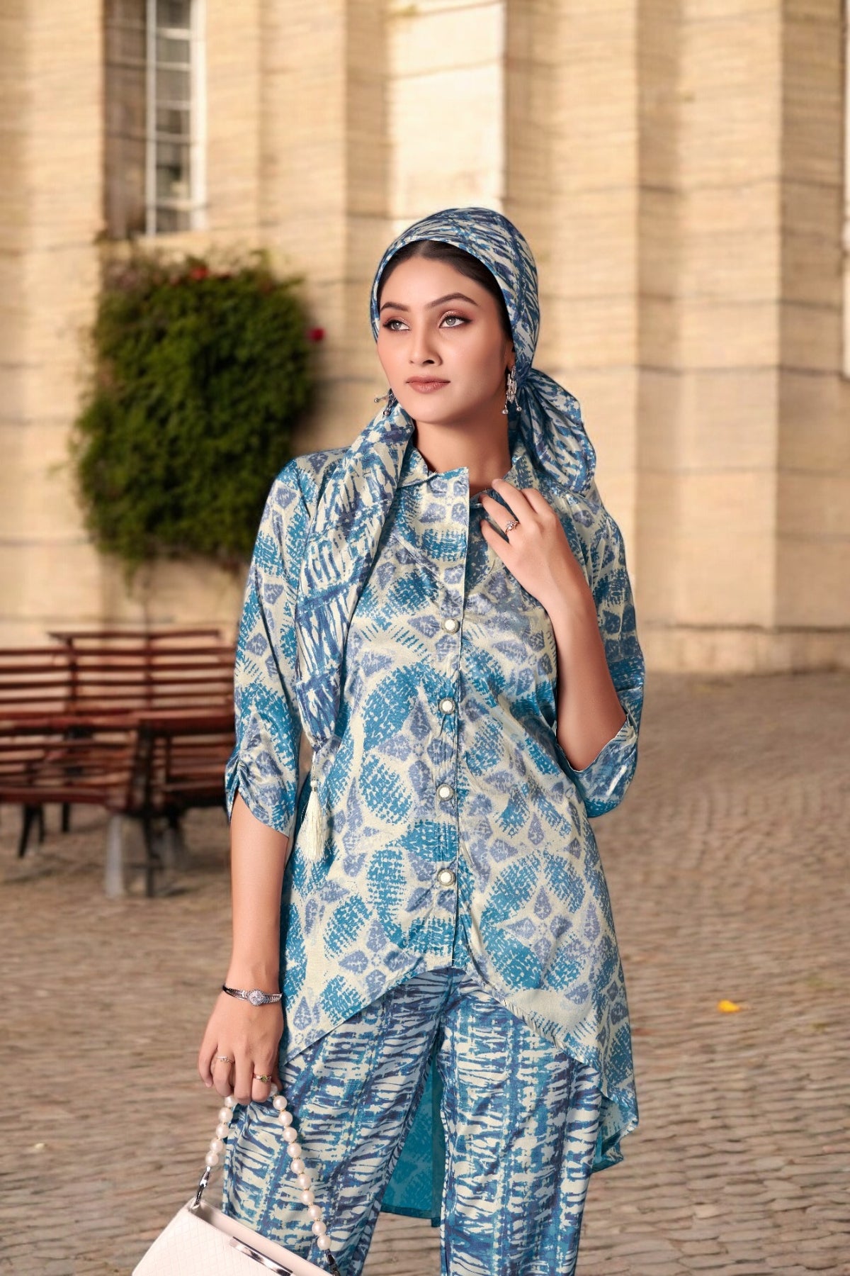 Elegant Crepe Silk Co-Ord Set with Pastel Floral Digital Print & Matching Scarf -Beige