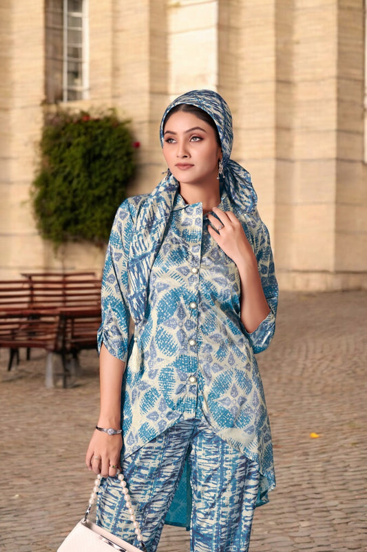 Elegant Crepe Silk Co-Ord Set with Pastel Floral Digital Print & Matching Scarf -Beige