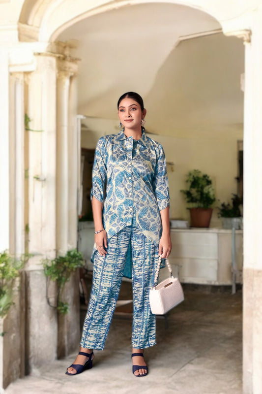 Elegant Crepe Silk Co-Ord Set with Pastel Floral Digital Print & Matching Scarf -Beige