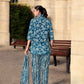 Elegant Crepe Silk Co-Ord Set with Pastel Floral Digital Print & Matching Scarf-Dark Blue