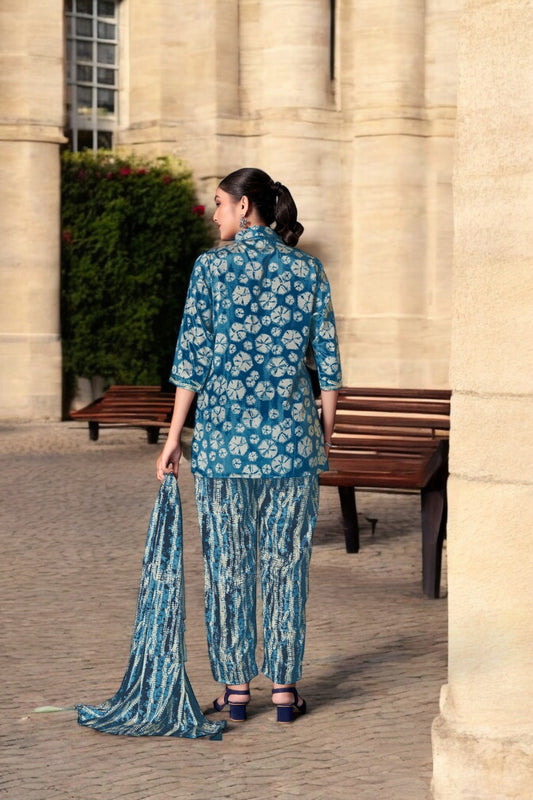 Elegant Crepe Silk Co-Ord Set with Pastel Floral Digital Print & Matching Scarf-Dark Blue