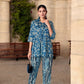 Elegant Crepe Silk Co-Ord Set with Pastel Floral Digital Print & Matching Scarf-Dark Blue