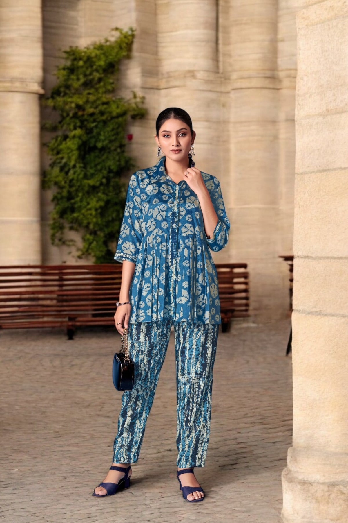 Elegant Crepe Silk Co-Ord Set with Pastel Floral Digital Print & Matching Scarf-Dark Blue