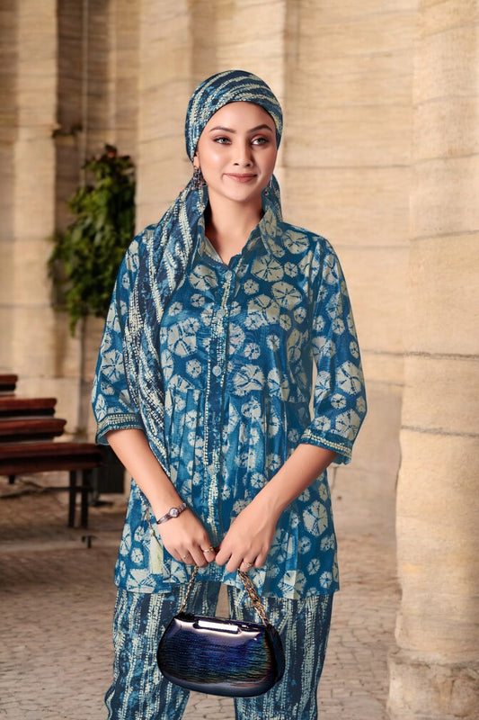 Elegant Crepe Silk Co-Ord Set with Pastel Floral Digital Print & Matching Scarf-Dark Blue