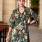 Elegant Crepe Silk Co-Ord Set with Pastel Floral Digital Print & Matching Scarf-Dark Green