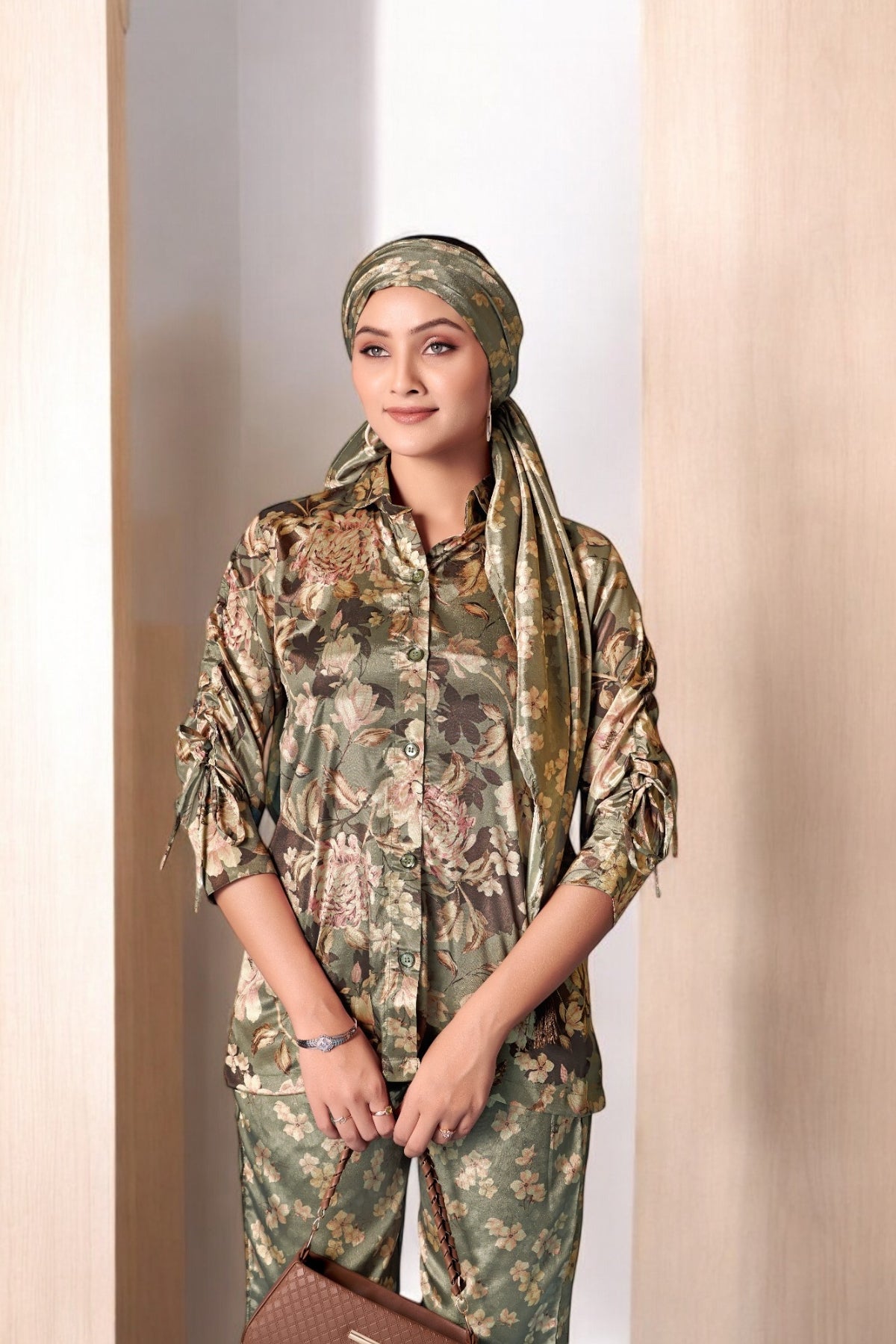 Elegant Crepe Silk Co-Ord Set with Pastel Floral Digital Print & Matching Scarf -Dark Green