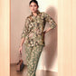 Elegant Crepe Silk Co-Ord Set with Pastel Floral Digital Print & Matching Scarf -Dark Green