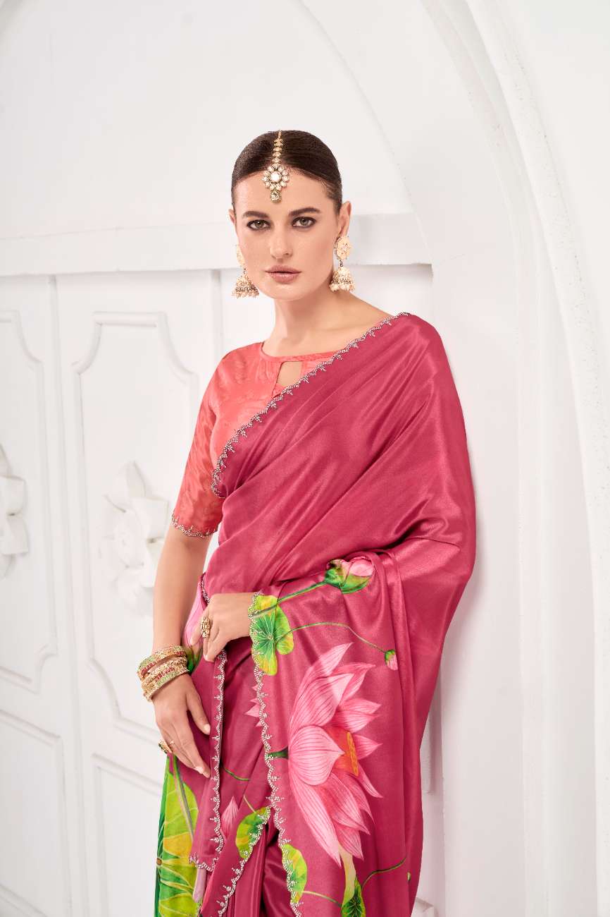 GARDERNIA – Crepe Silk Saree with Floral Print & Crystal Border