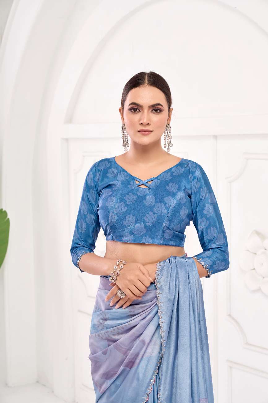 GARDERNIA – Crepe Silk Saree with Floral Print & Crystal Border