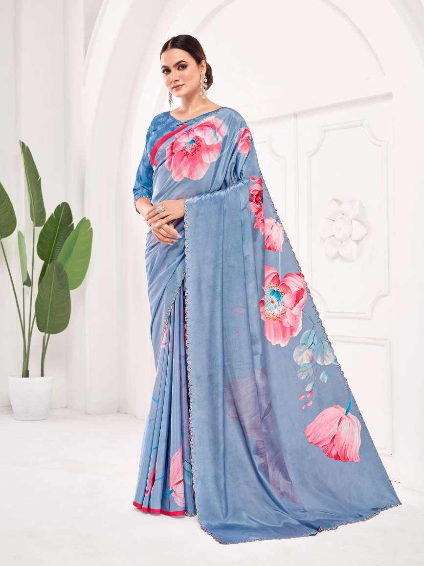 GARDERNIA – Crepe Silk Saree with Floral Print & Crystal Border