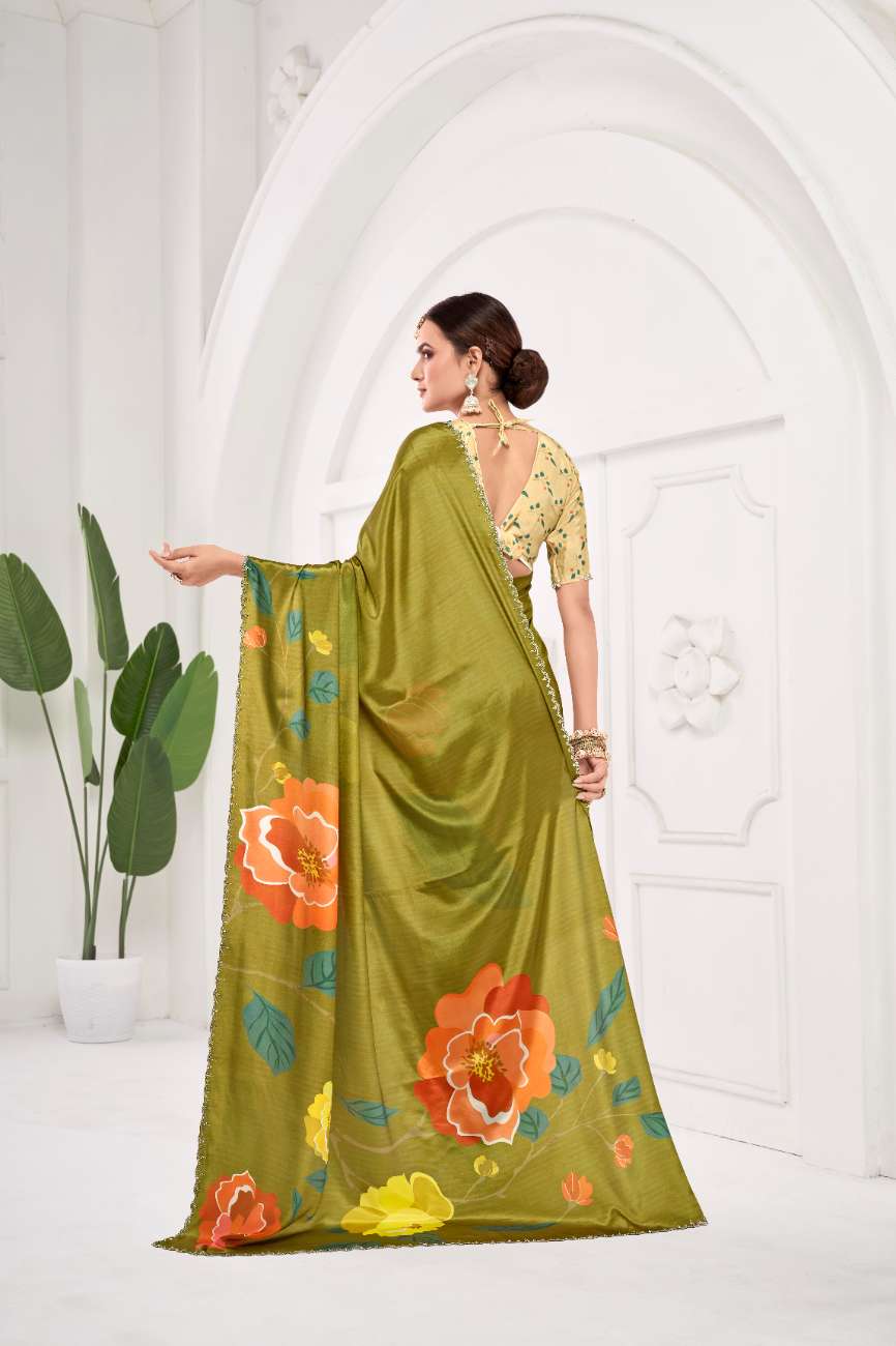 GARDERNIA – Crepe Silk Saree with Floral Print & Crystal Border