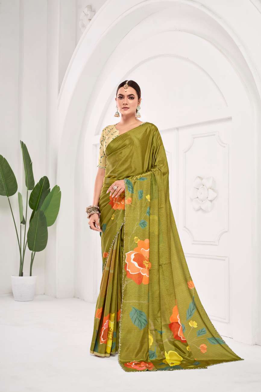 GARDERNIA – Crepe Silk Saree with Floral Print & Crystal Border