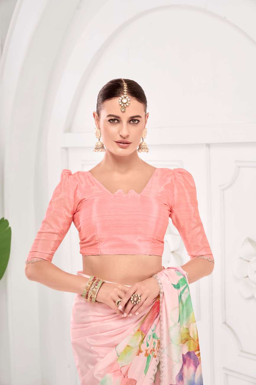 GARDERNIA – Crepe Silk Saree with Floral Print & Crystal Border
