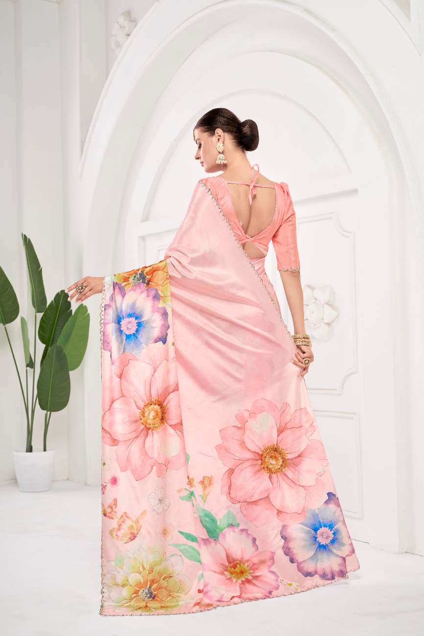 GARDERNIA – Crepe Silk Saree with Floral Print & Crystal Border