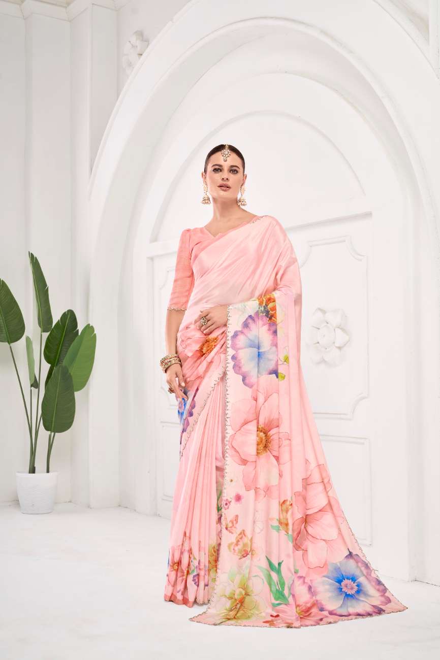 GARDERNIA – Crepe Silk Saree with Floral Print & Crystal Border