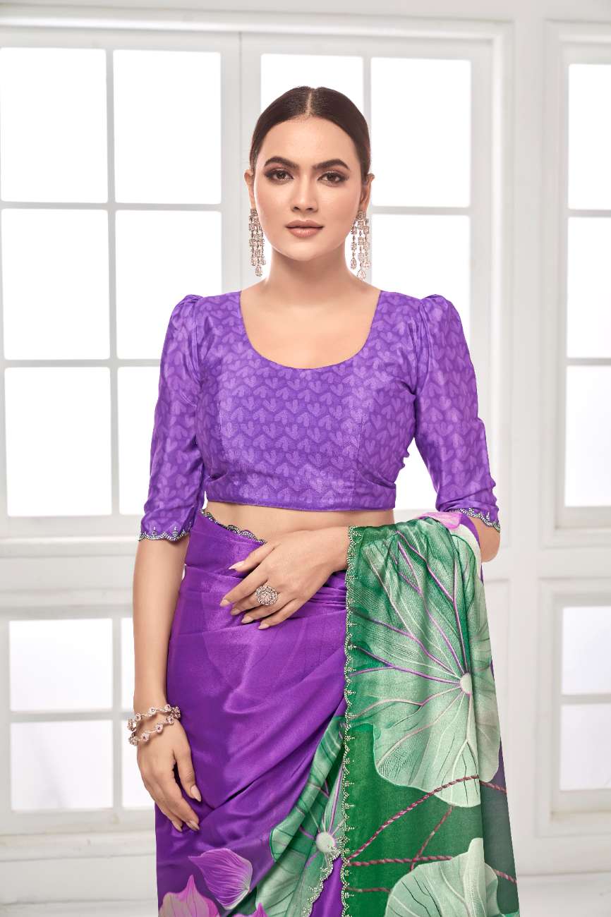GARDERNIA – Crepe Silk Saree with Floral Print & Crystal Border