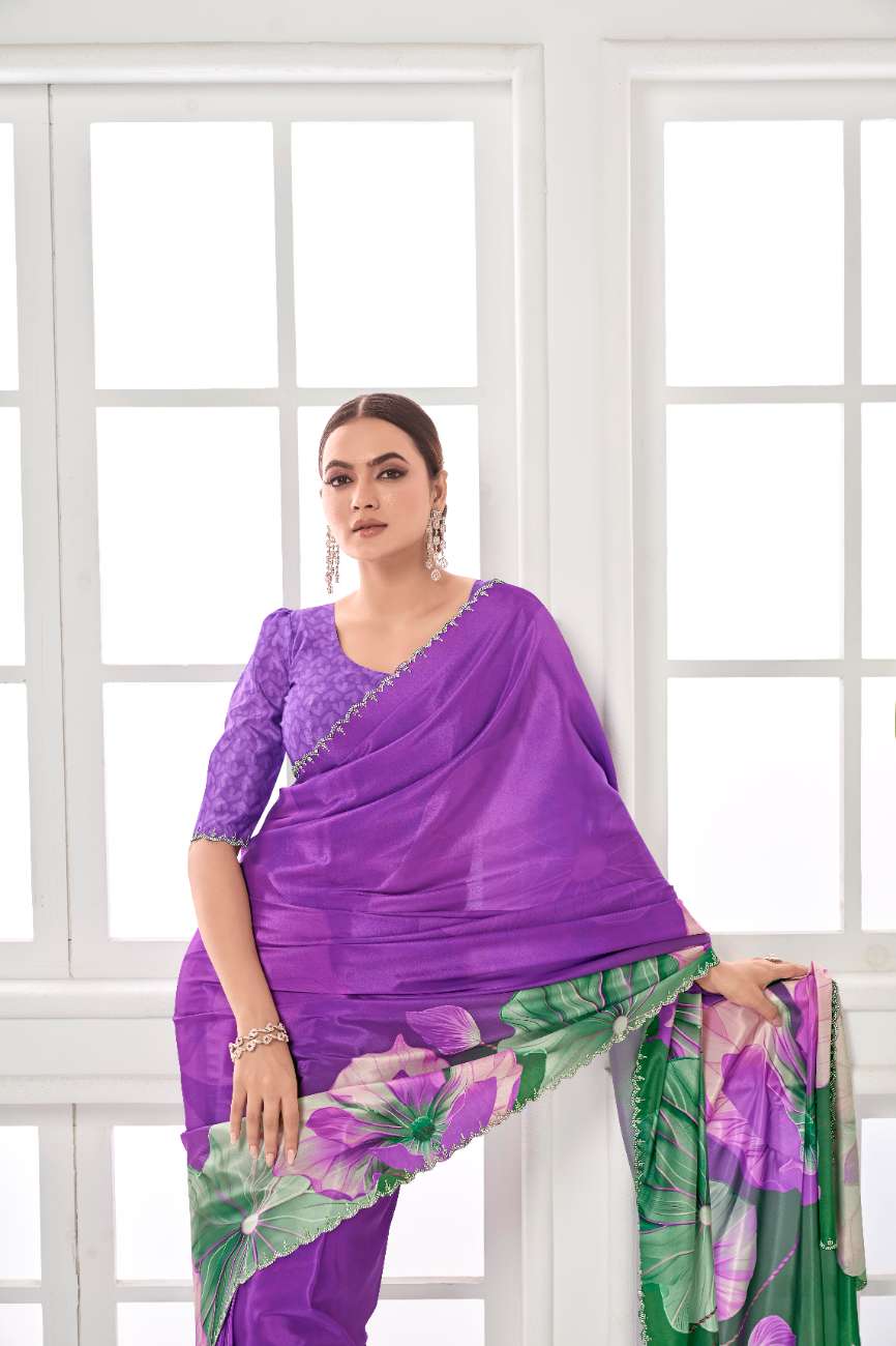 GARDERNIA – Crepe Silk Saree with Floral Print & Crystal Border