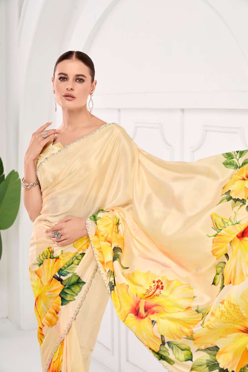 GARDERNIA – Crepe Silk Saree with Floral Print & Crystal Border