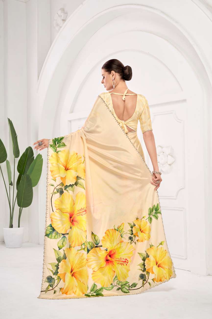 GARDERNIA – Crepe Silk Saree with Floral Print & Crystal Border