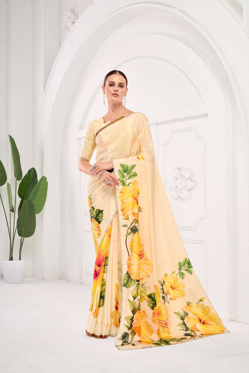 GARDERNIA – Crepe Silk Saree with Floral Print & Crystal Border