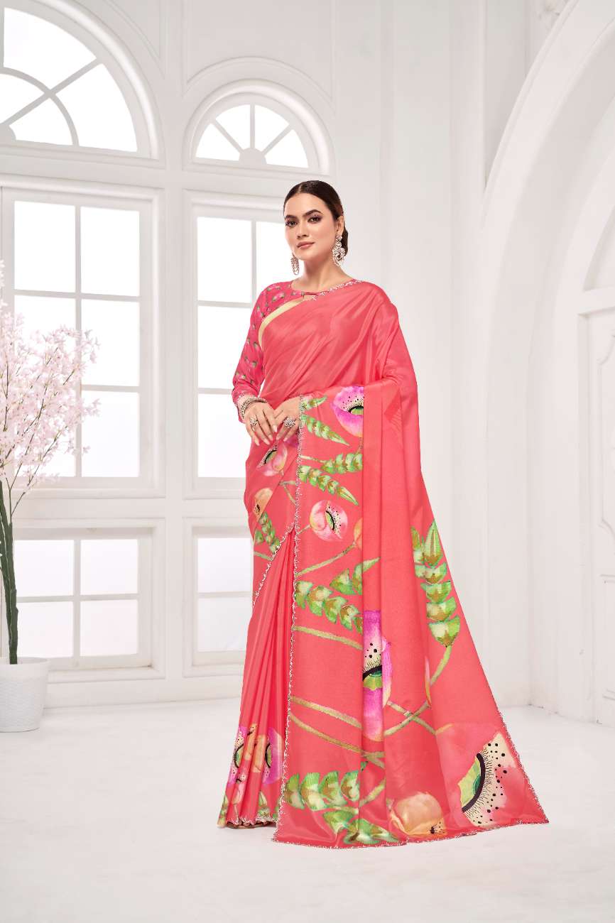 GARDERNIA – Crepe Silk Saree with Floral Print & Crystal Border