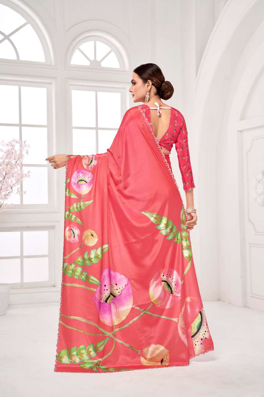 GARDERNIA – Crepe Silk Saree with Floral Print & Crystal Border
