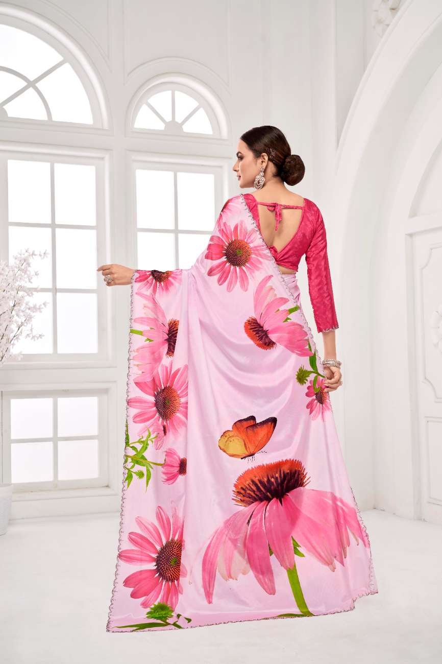 GARDERNIA – Crepe Silk Saree with Floral Print & Crystal Border