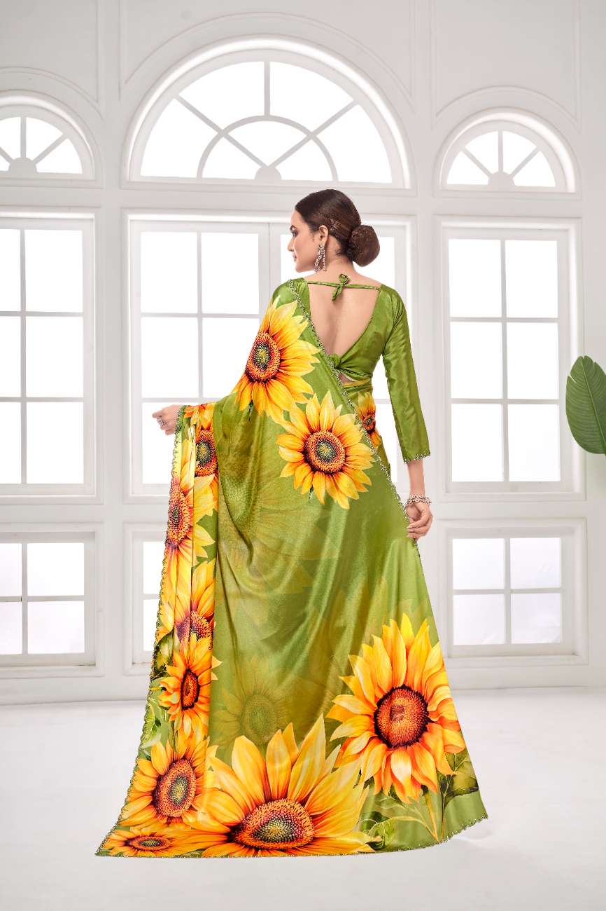 GARDERNIA – Crepe Silk Saree with Floral Print & Crystal Border