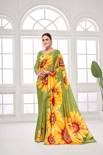 GARDERNIA – Crepe Silk Saree with Floral Print & Crystal Border