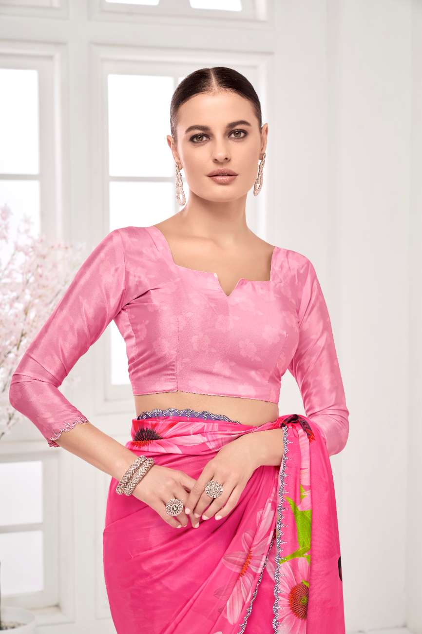GARDERNIA – Crepe Silk Saree with Floral Print & Crystal Border