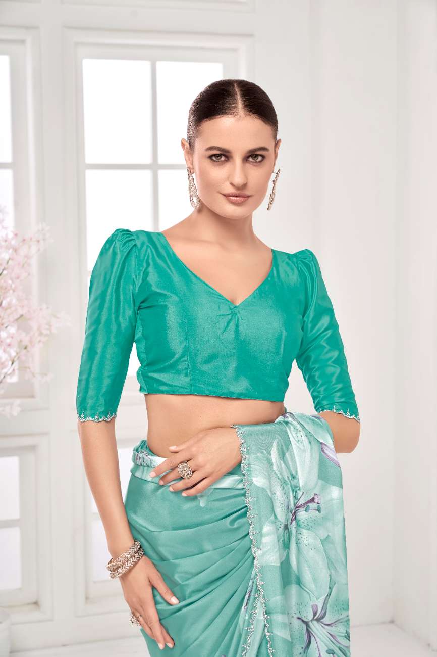 GARDERNIA – Crepe Silk Saree with Floral Print & Crystal Border