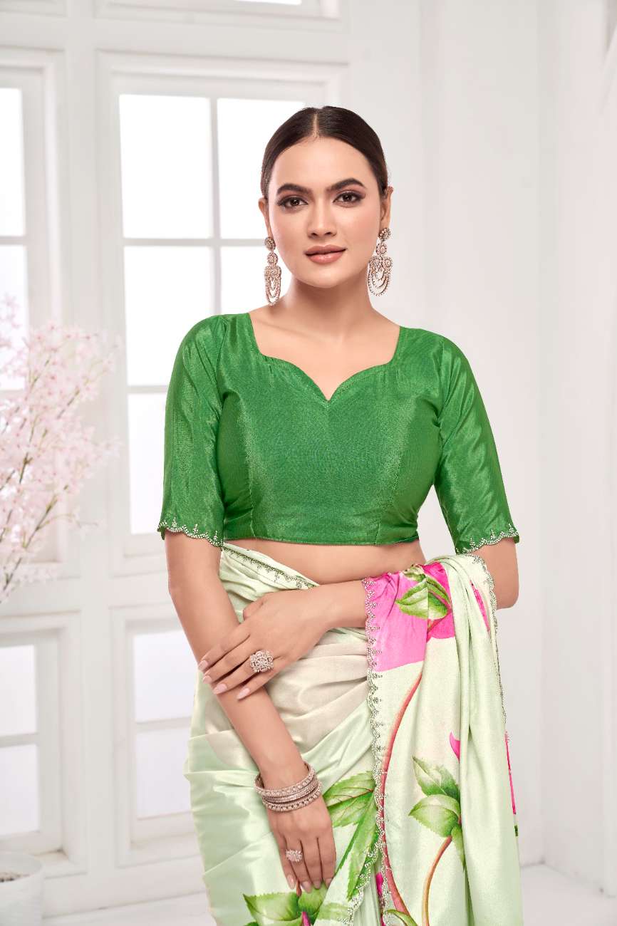 GARDERNIA – Crepe Silk Saree with Floral Print & Crystal Border