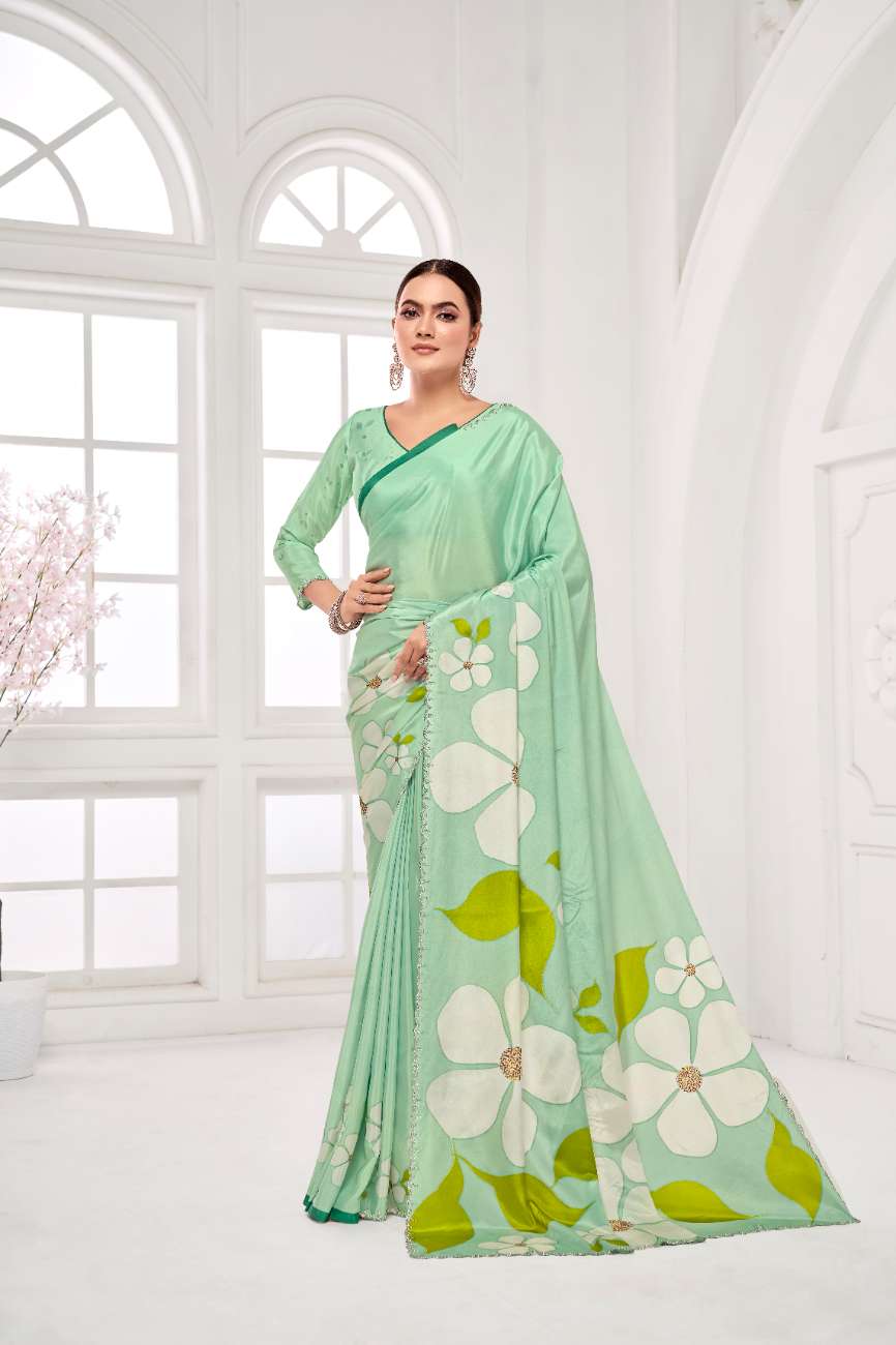 GARDERNIA – Crepe Silk Saree with Floral Print & Crystal Border