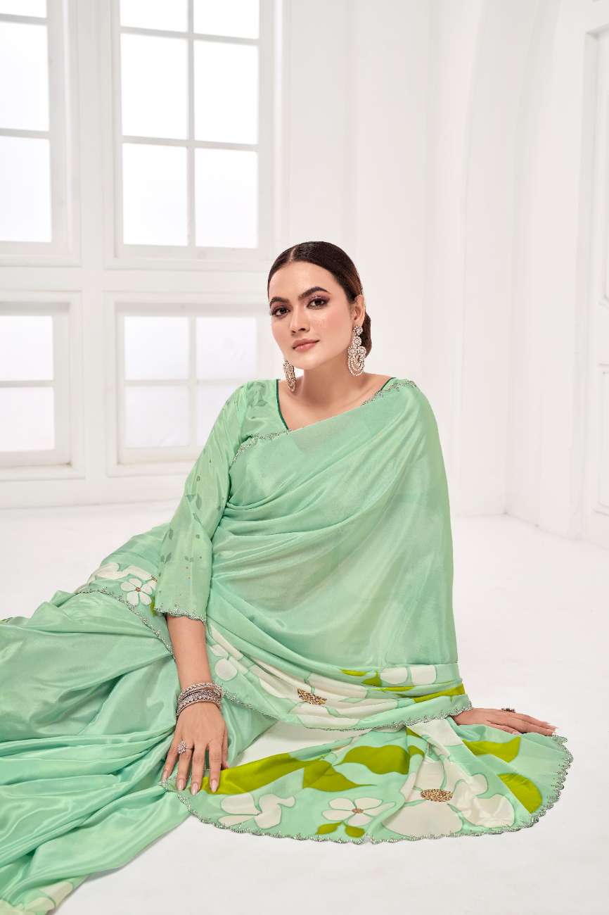 GARDERNIA – Crepe Silk Saree with Floral Print & Crystal Border