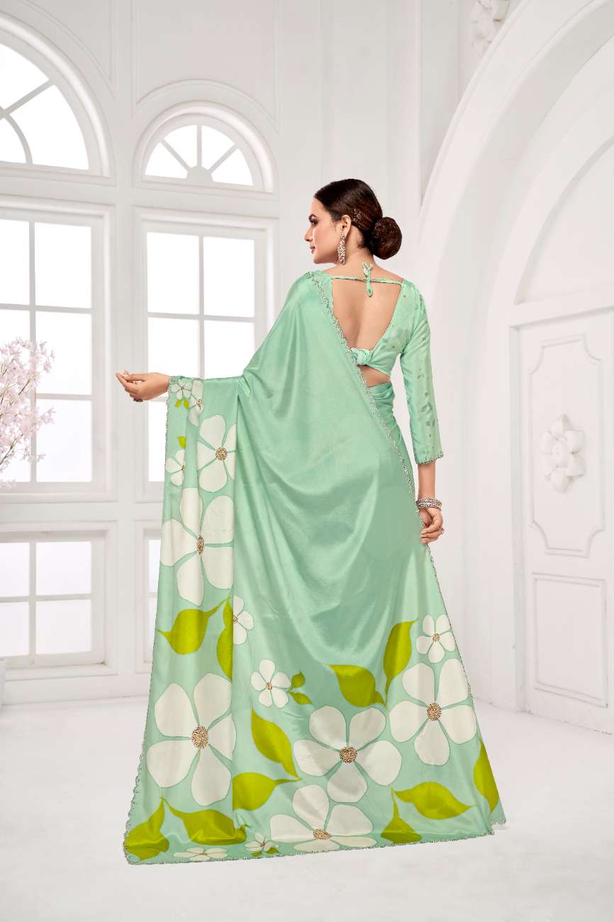 GARDERNIA – Crepe Silk Saree with Floral Print & Crystal Border