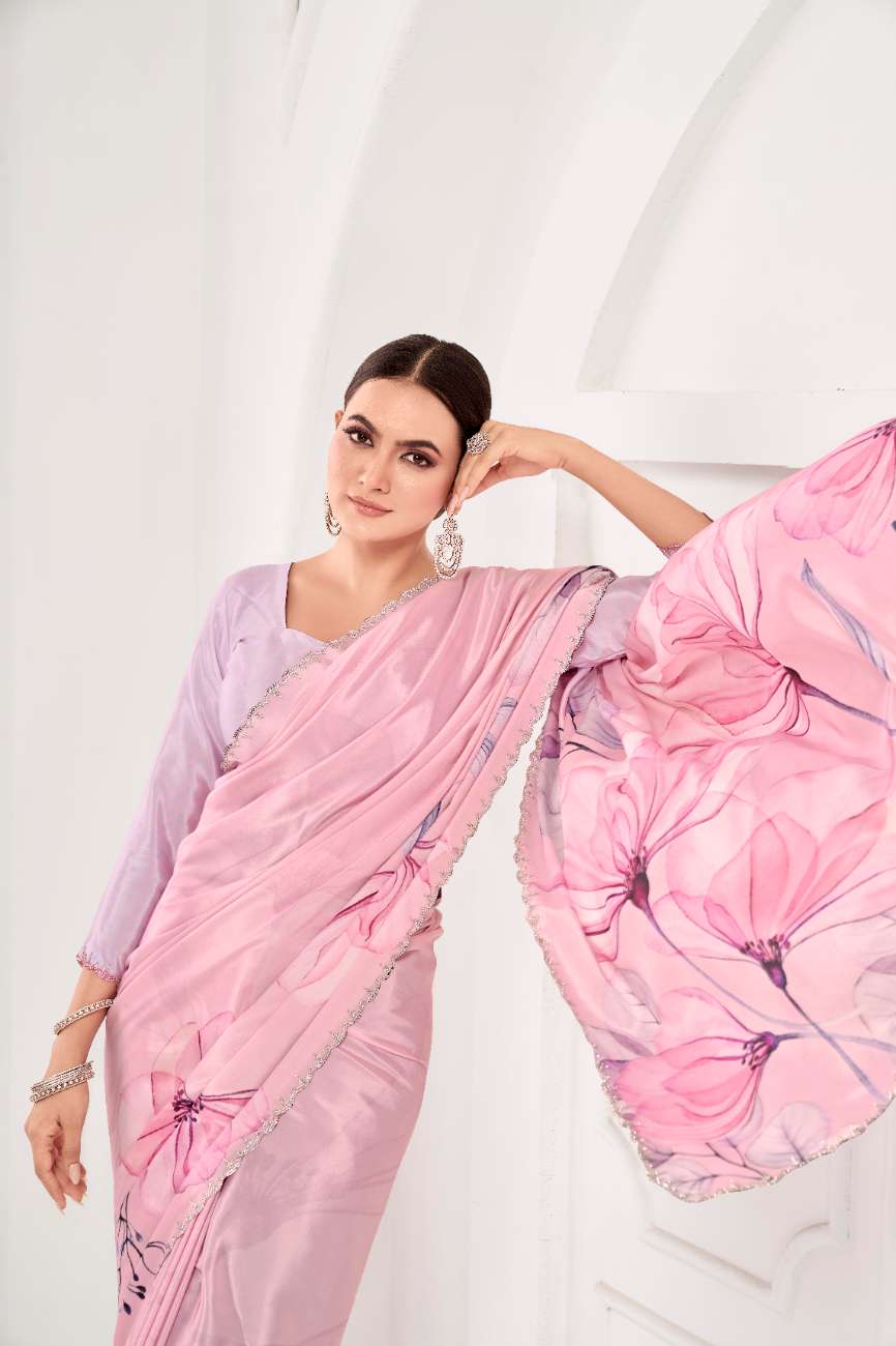 GARDERNIA – Crepe Silk Saree with Floral Print & Crystal Border