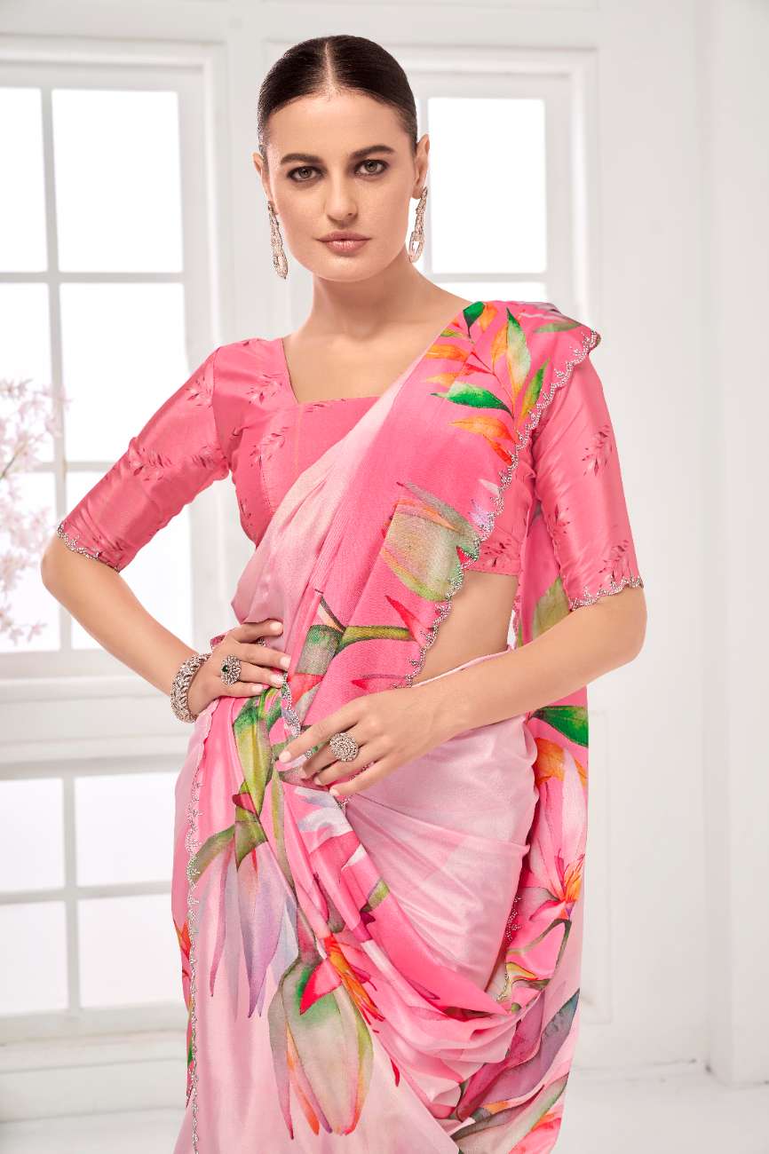GARDERNIA – Crepe Silk Saree with Floral Print & Crystal Border