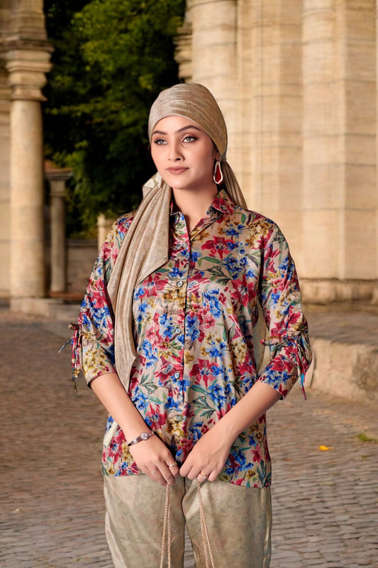Elegant Crepe Silk Co-Ord Set with Pastel Floral Digital Print & Matching Scarf-Beige