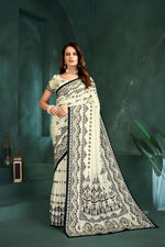 PURE BLISS – Elegant Crepe Silk Saree with Black & White Foil Position Print | Contemporary Luxury