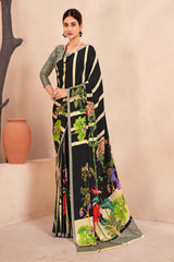 Jivora women crepe soft silk striped and floral printed saree with unstitched blouse.