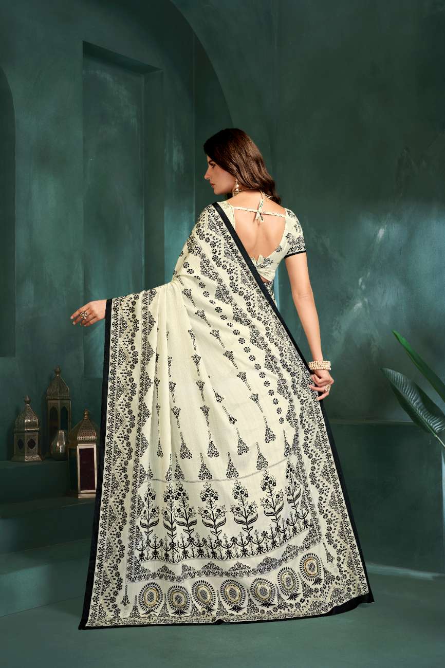 PURE BLISS – Elegant Crepe Silk Saree with Black & White Foil Position Print | Contemporary Luxury