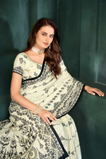 PURE BLISS – Elegant Crepe Silk Saree with Black & White Foil Position Print | Contemporary Luxury