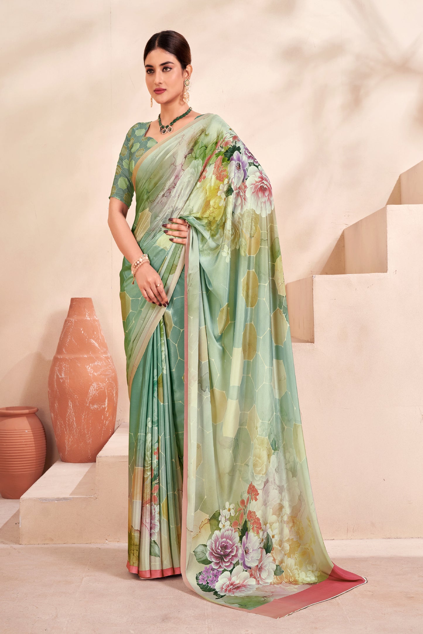 Jivora Women Crepe Soft Silk Striped And Floral Printed Saree with Unstitched Blouse.