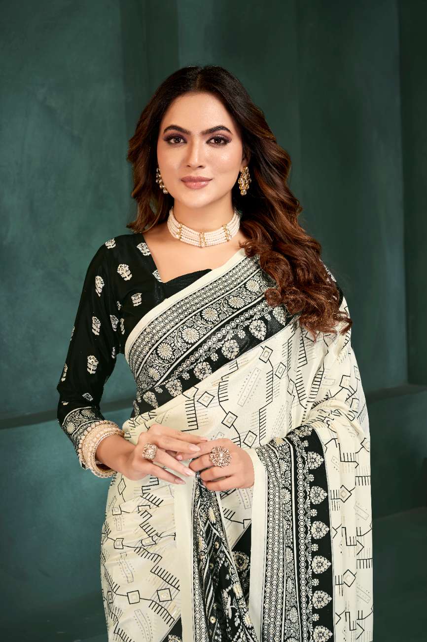 PURE BLISS – Elegant Crepe Silk Saree with Black & White Foil Position Print | Contemporary Luxury