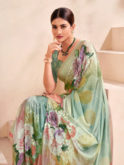 Jivora Women Crepe Soft Silk Striped And Floral Printed Saree with Unstitched Blouse.