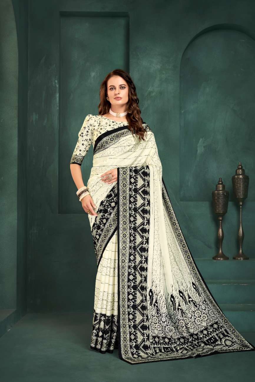 PURE BLISS – Elegant Crepe Silk Saree with Black & White Foil Position Print | Contemporary Luxury