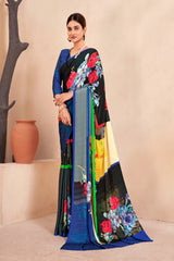 Jivora Women Crepe Soft Silk Striped And Floral Printed Saree with Unstitched Blouse.