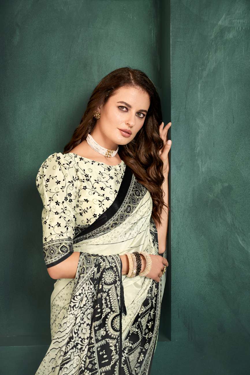 PURE BLISS – Elegant Crepe Silk Saree with Black & White Foil Position Print | Contemporary Luxury